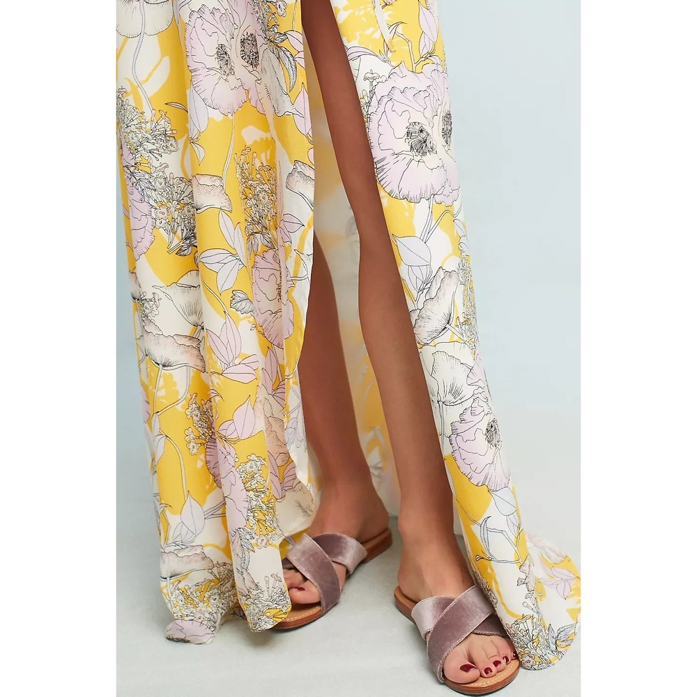 Yumi Kim Anthropologie Silk Floral Maxi Dress Rush Hour Wrap Tie Front Yellow XS - Picture 10 of 16